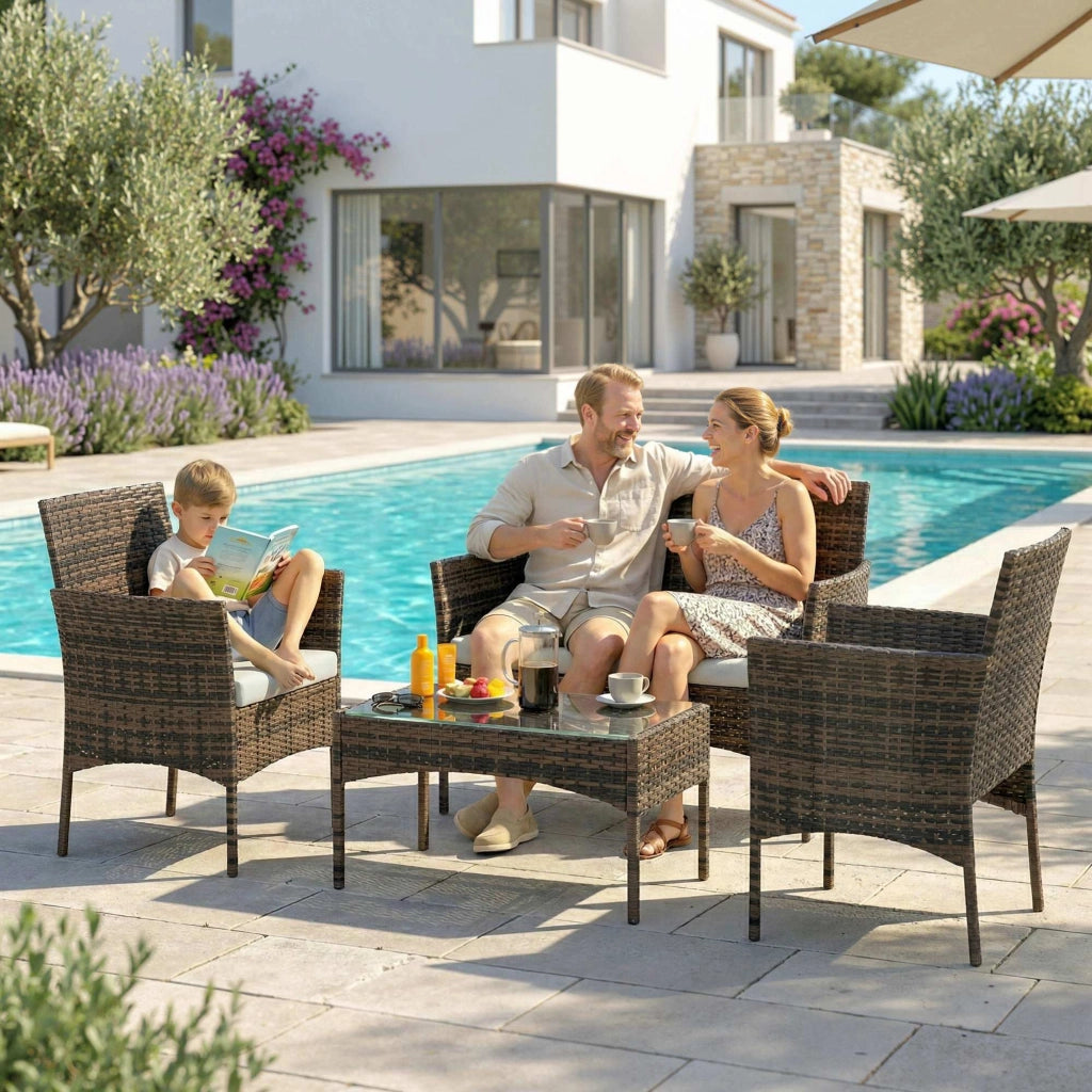 Set giardino in polyrattan con divano, poltrone e tavolino vetro ¨C zephmum ¨C marrone
