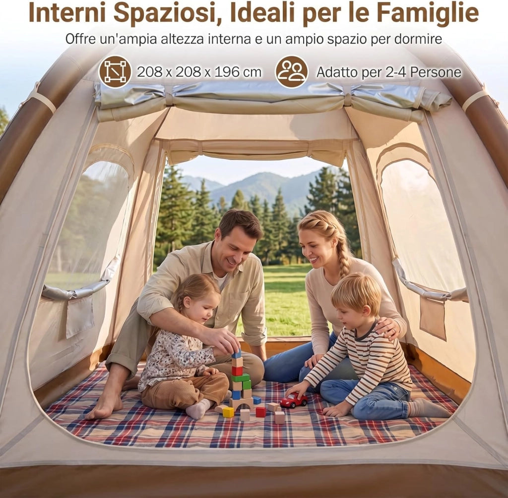 Tenda da Campeggio Gonfiabile per 4 Persone, Tenda da Spiaggia con Poma, 2 Porte, Lucernario e Finestre, in Tessuto Impermeabile, con Copertura Rimovibile e Borsa, 208 x 208 x 196 cm