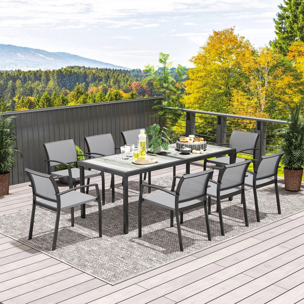 Set da Giardino con Tavolo da Pranzo Rettangolare e 8 Sedie Impilabili con Braccioli Grigio