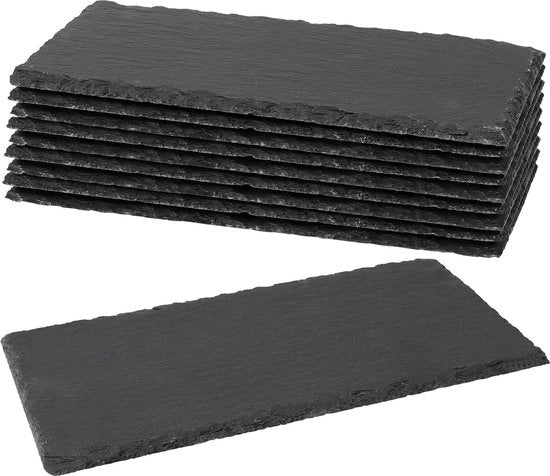 Piatto di servizio in pietra naturale, 10 pezzi, 25 x 12 cm, pietre naturali per piatti di servizio, pietre naturali rettangolari, piedini per tavolo, pietre naturali, piedini, ideali per decorazione e uso quotidiano, nero