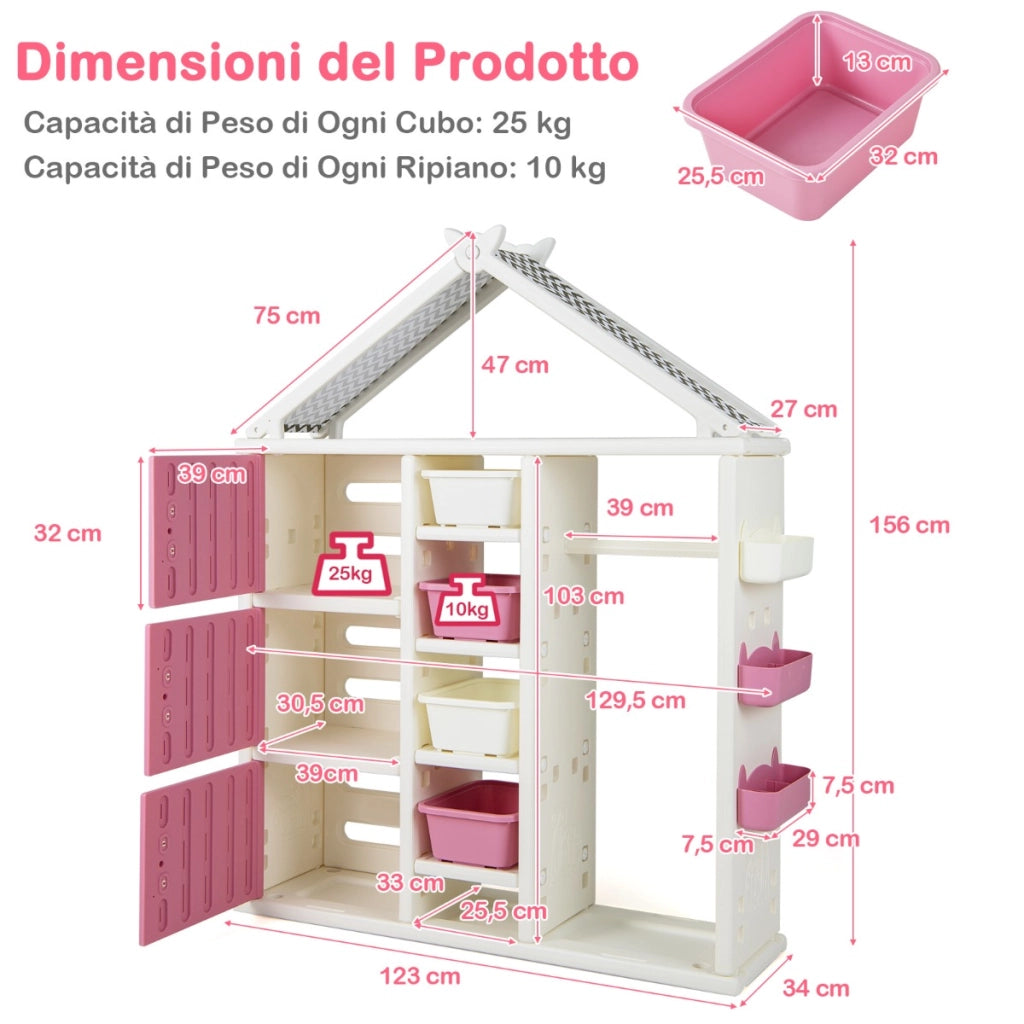 Armadio portaoggetti per bambini con appendiabiti da letto dei bambini, Organizzatore di vestiti con 3 armadietti Rosa-Scaffalature