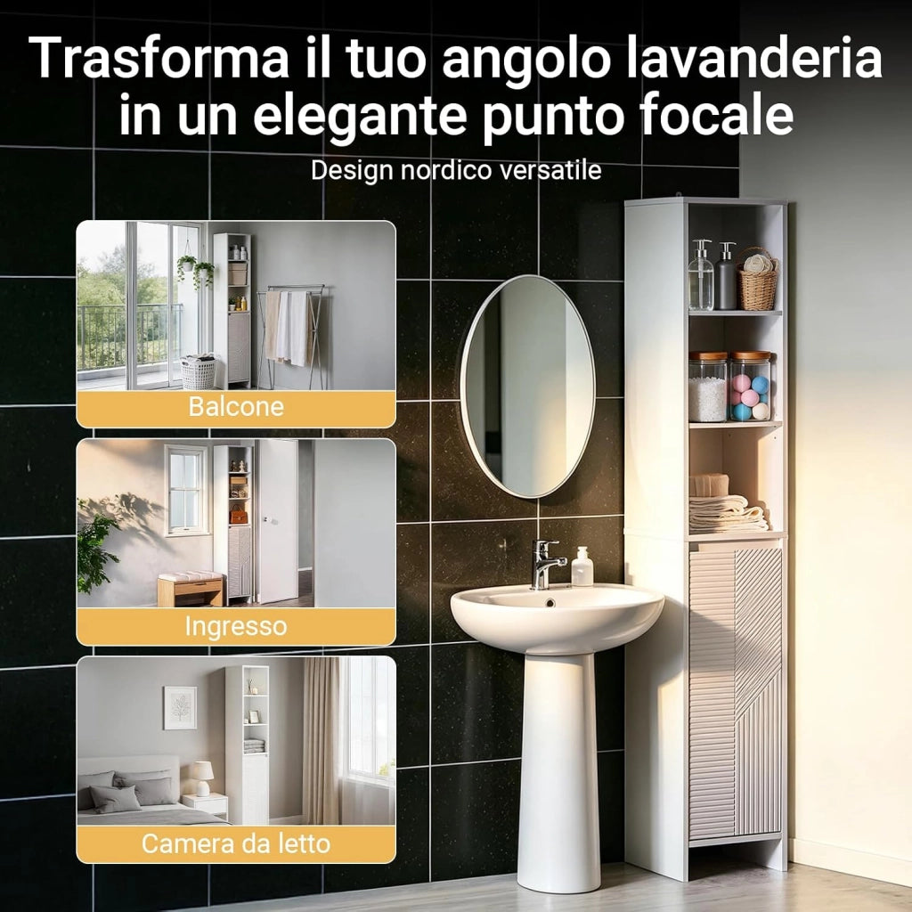 Mobile Bagno Salvaspazio con Cesto Portabiancheria – Armadietto Bagno Alto e Stretto in MDF Bianco con Ripiani Regolabili e Antiribaltamento Mobile Lavanderia 30x170x30 cm BZR158-W