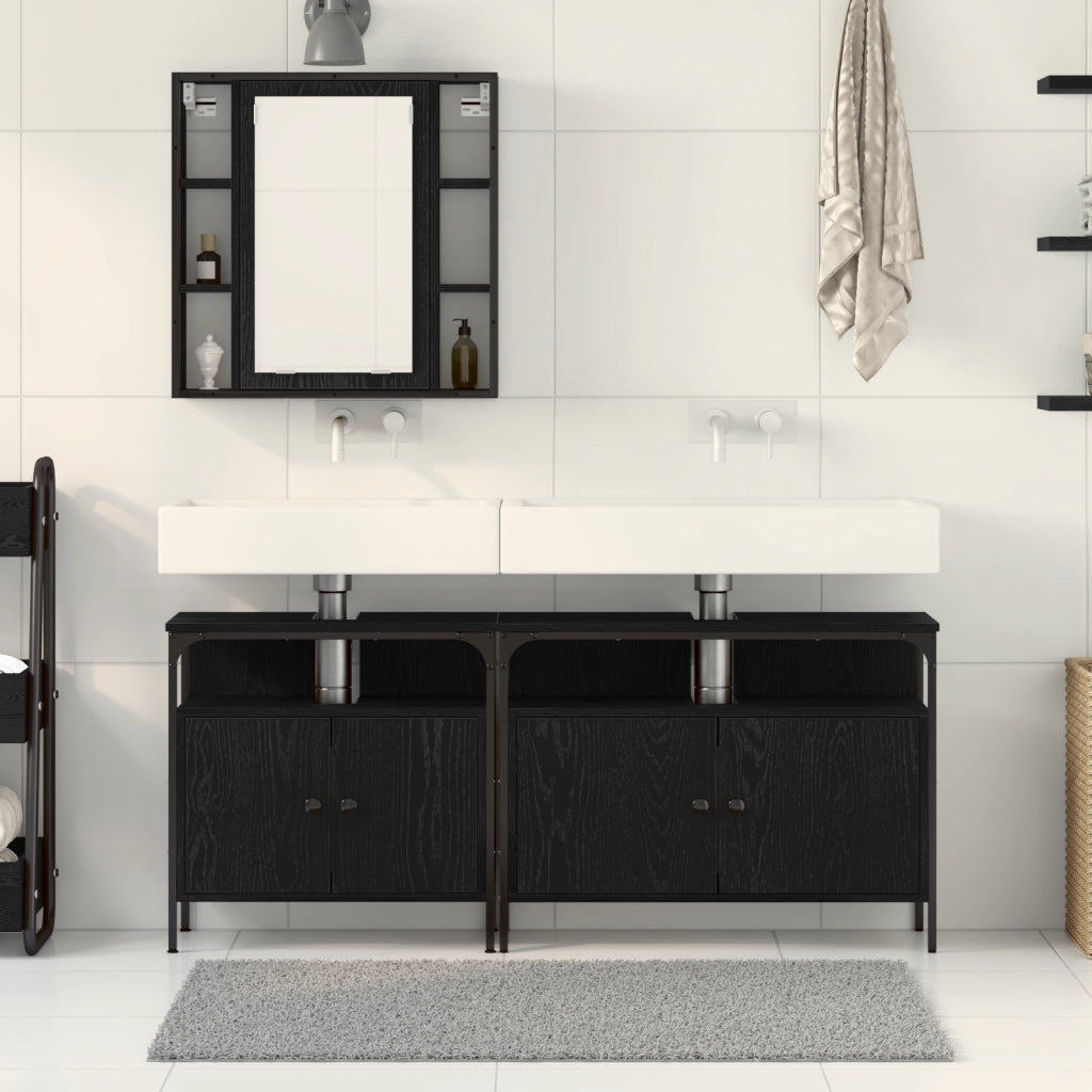 Set di mobili per bagno a 3 pezzi in legno ingegnerizzato nero e quercia