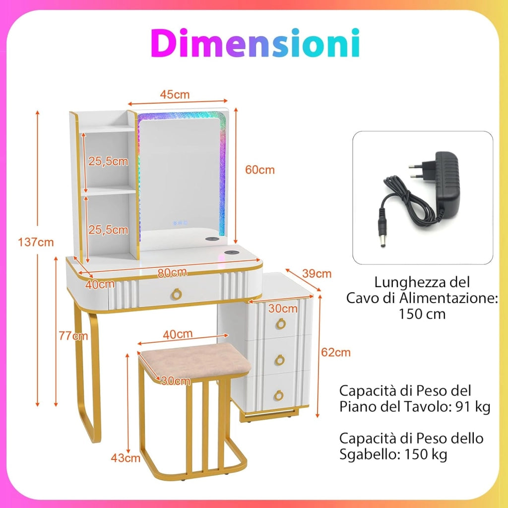 Toeletta da Trucco con Specchio e Luci, Tavolo da Trucco con Sgabello, Porta 7 Luci LED Dinamiche e 7 Luci Statiche Dimmerabili, Porte USB e 4 Cassetti, 80x40x137 cm (Bianco)