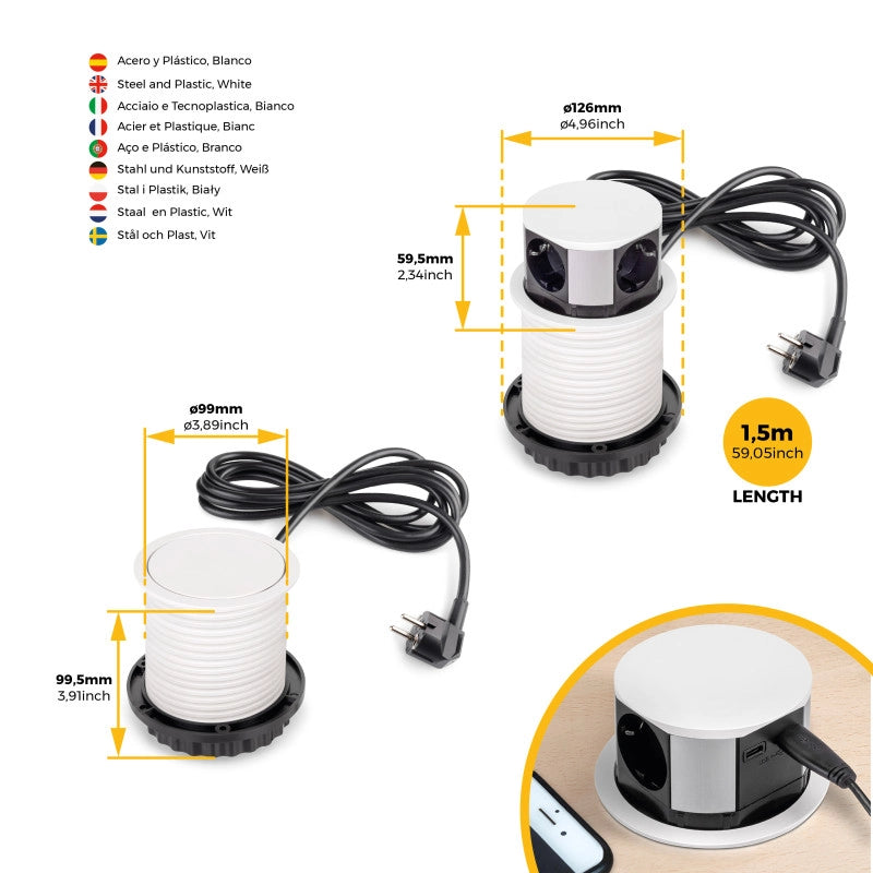 Multiconnettore Vertikal Push diametro 100mm, 3 spine di tipo Schuko, 1 USB tipo A, 1 USB tipo C, Acciaio e Tecnoplast..