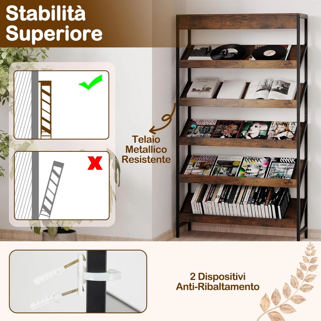 Libreria a 6 Ripiani, Scaffale Inclinato con Struttura Metallica, Porta Giornali Industriale in Legno, Organizer per Soggiorno Camera da Letto Studio, 90x30x161 cm (Marrone)