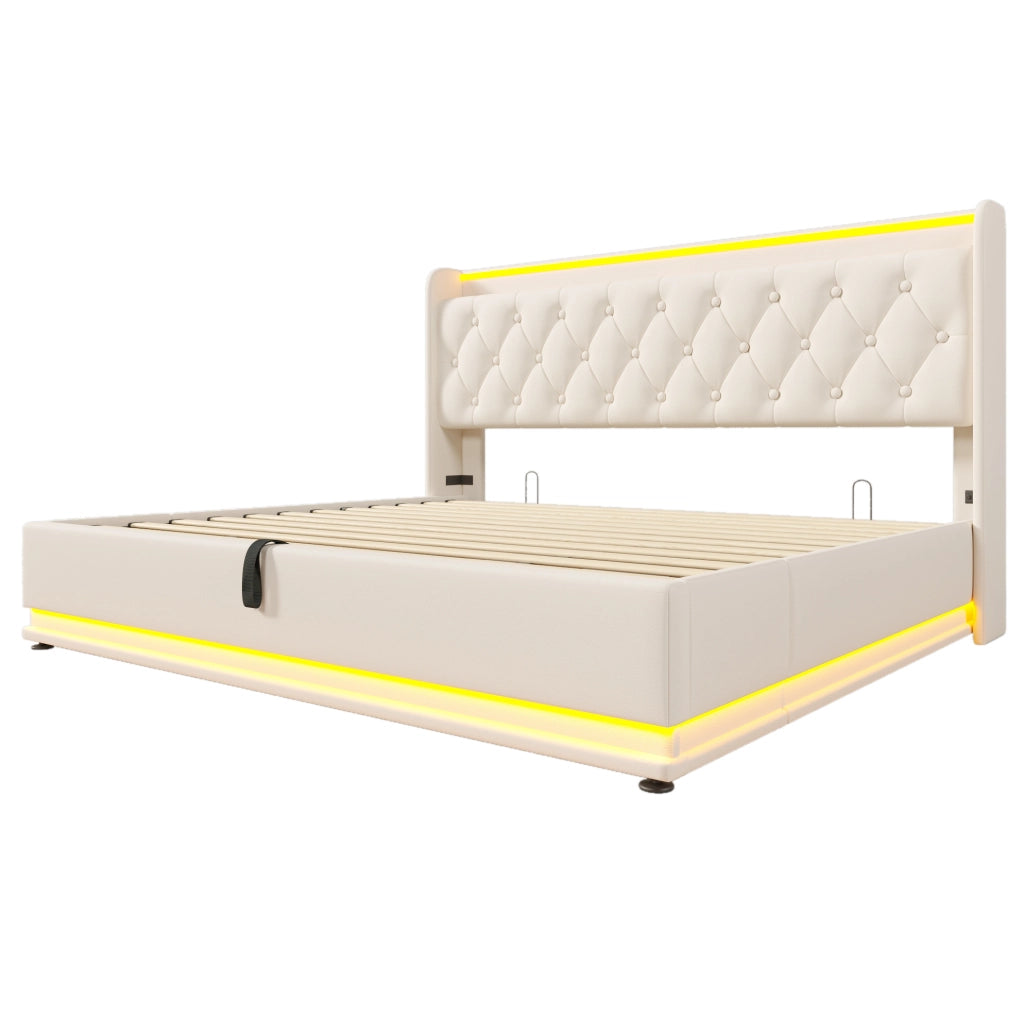 Letto matrimoniale 180x200 cm con contenitore; LED e porte USB e USB C; similpelle bianca