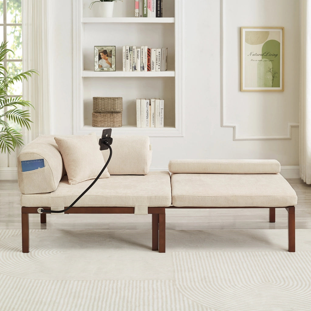 Divano letto pieghevole in legno massello, singolo, beige
