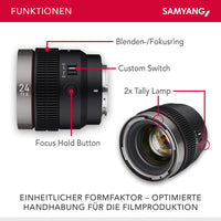 Obiettivo video V-AF 24 mm T1,9 FE compatibile con Sony E, per videocamera, con autofocus risoluzione 8K e Tally lamp, alta intensità luminosa per full-frame e APS-C