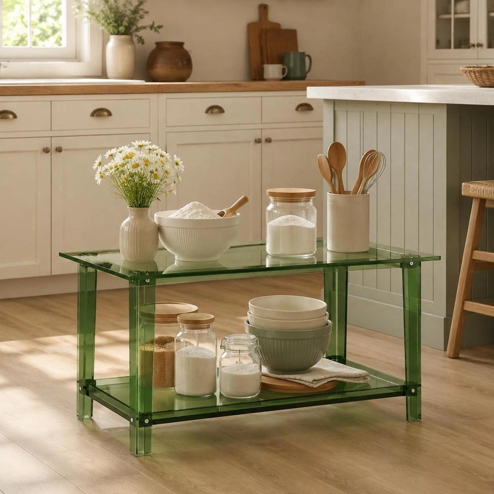 Acrylic Coffee Table, 2-tier Side Table With Storage Surface, Modern Rectangular Acrylic Table Ideal For Dining Room, Kitchen Island, Restaurant, Office, 50 X 80 X 40 Cm (Green)