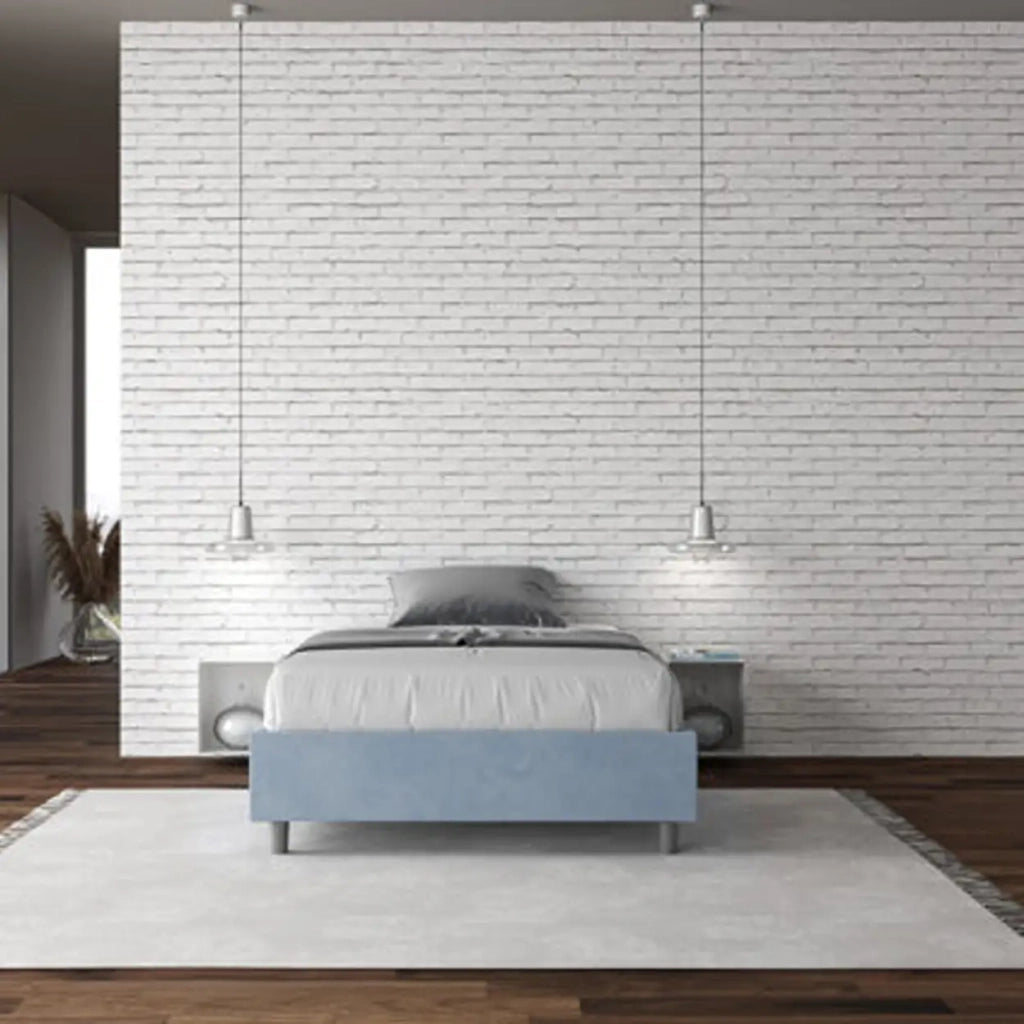 Letto matrimoniale francese con rete imbottito 140x210 microfibra azzurro Azelia
