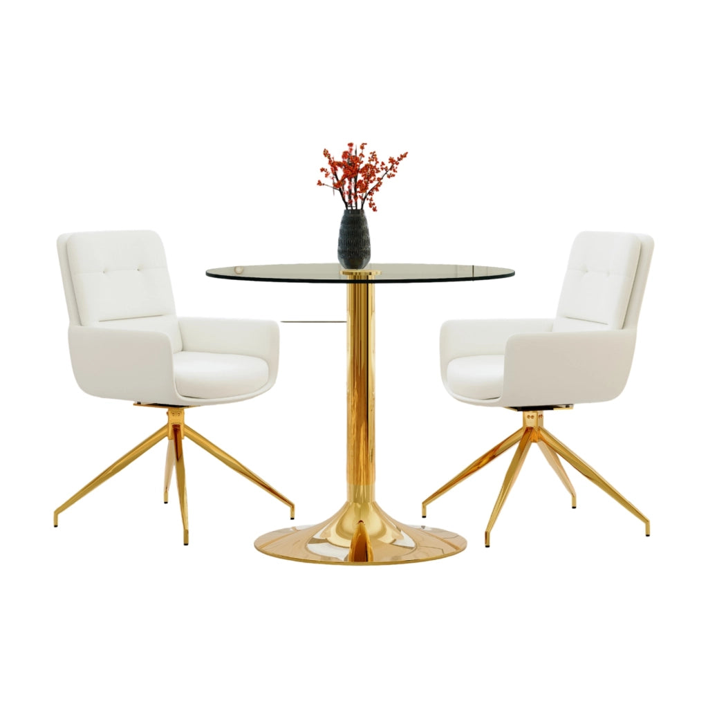 Set tavolo rotondo in vetro e 2 sedie girevoli bianco oro