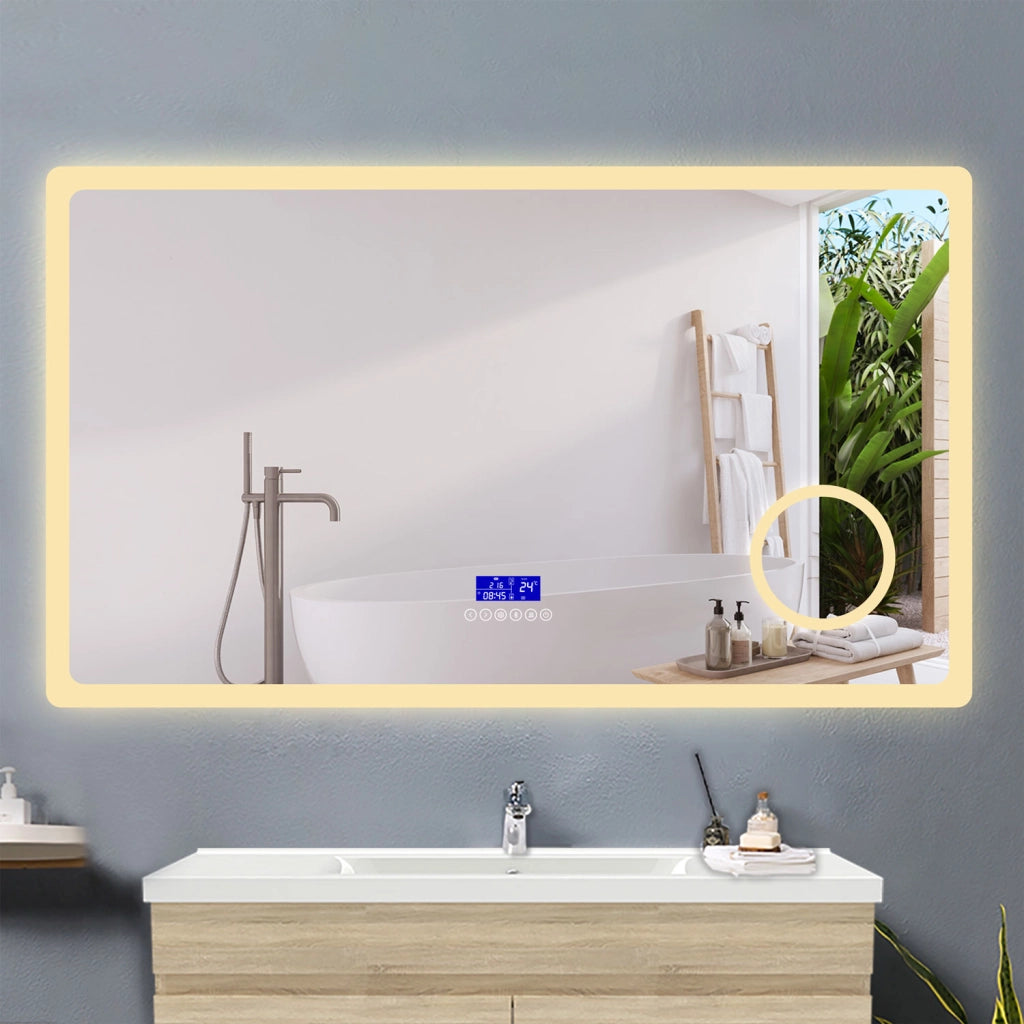 AICA IT Specchio Bagno Rettangolare Da LED 140×80cm, Antiappannamento, Bluetooth, 3 Temperature Colore,Ingrandimento 3x