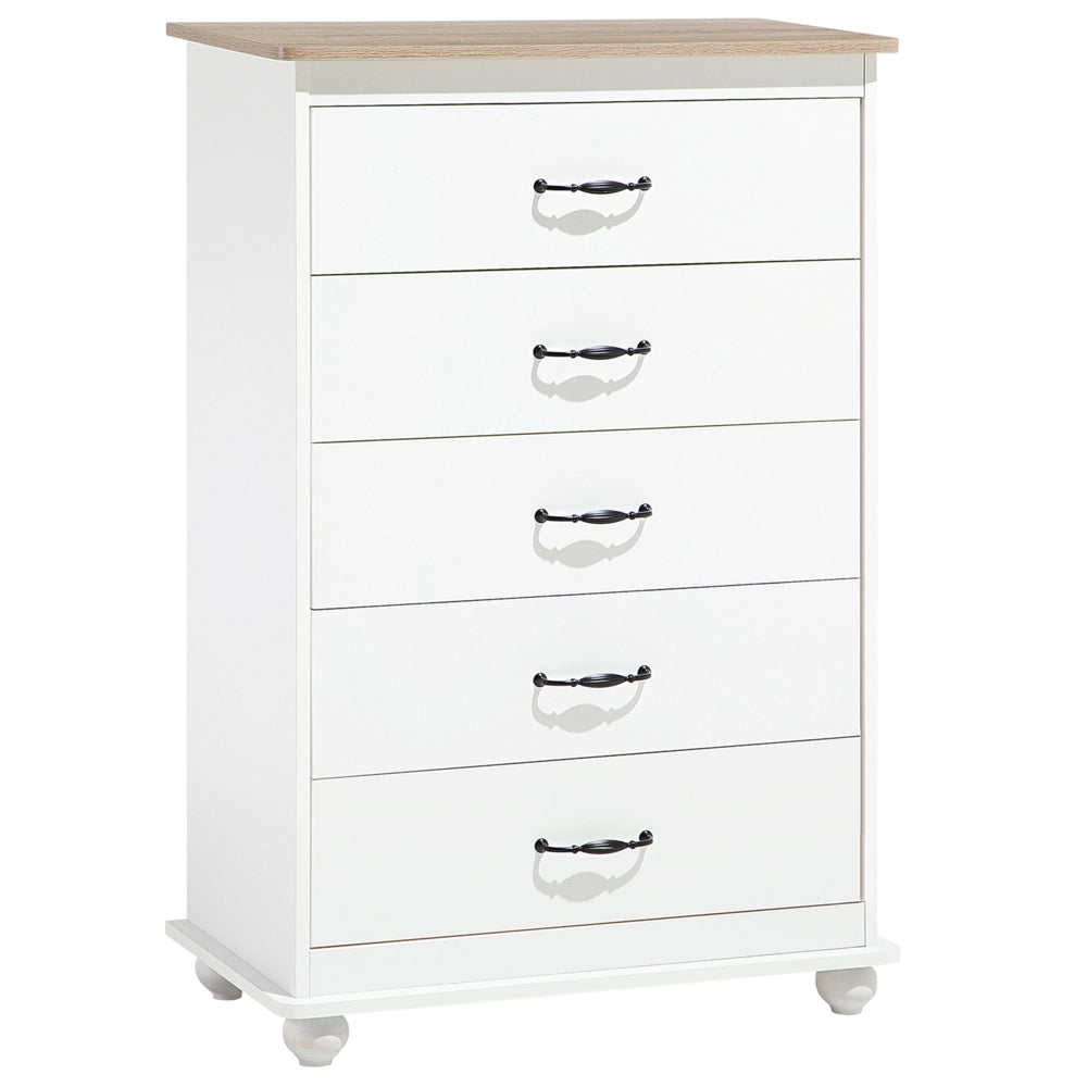 Cassettiera bianca con legno chiaro 5 cassetti credenza contenitore in stile scandinavo minimalista