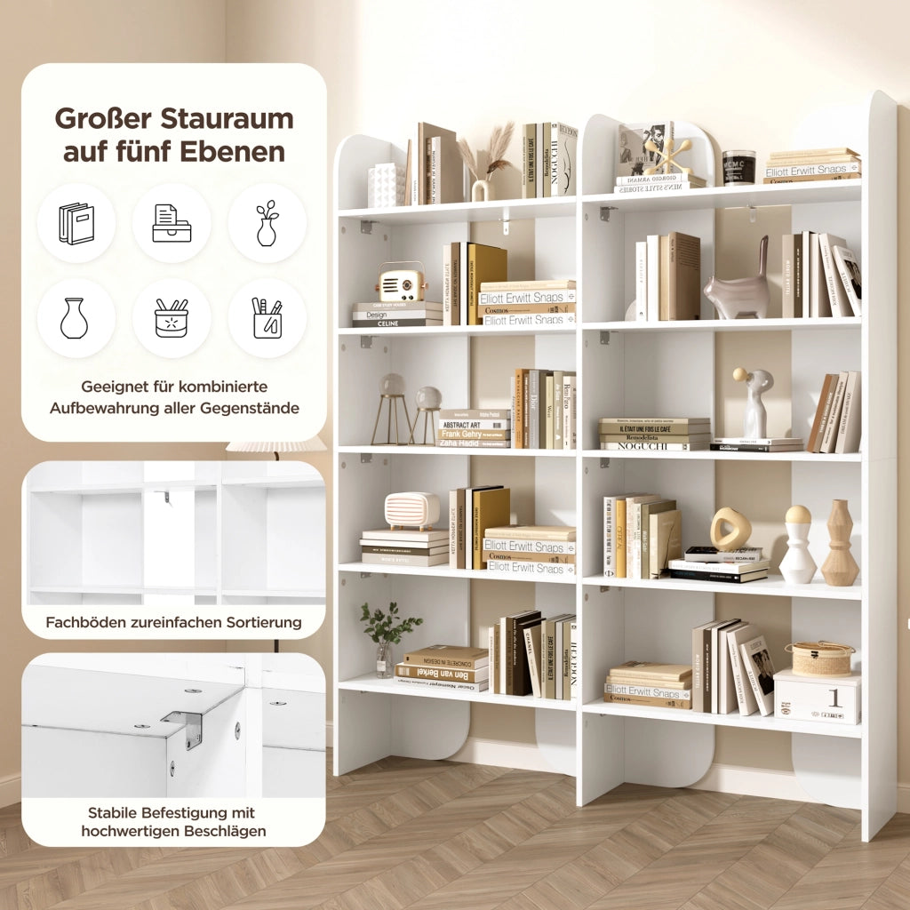 Libreria aperta con 5 ripiani e divisori centrali, per soggiorno e ufficio, in pannelli di particelle bianco, 135 × 25 × 160 cm