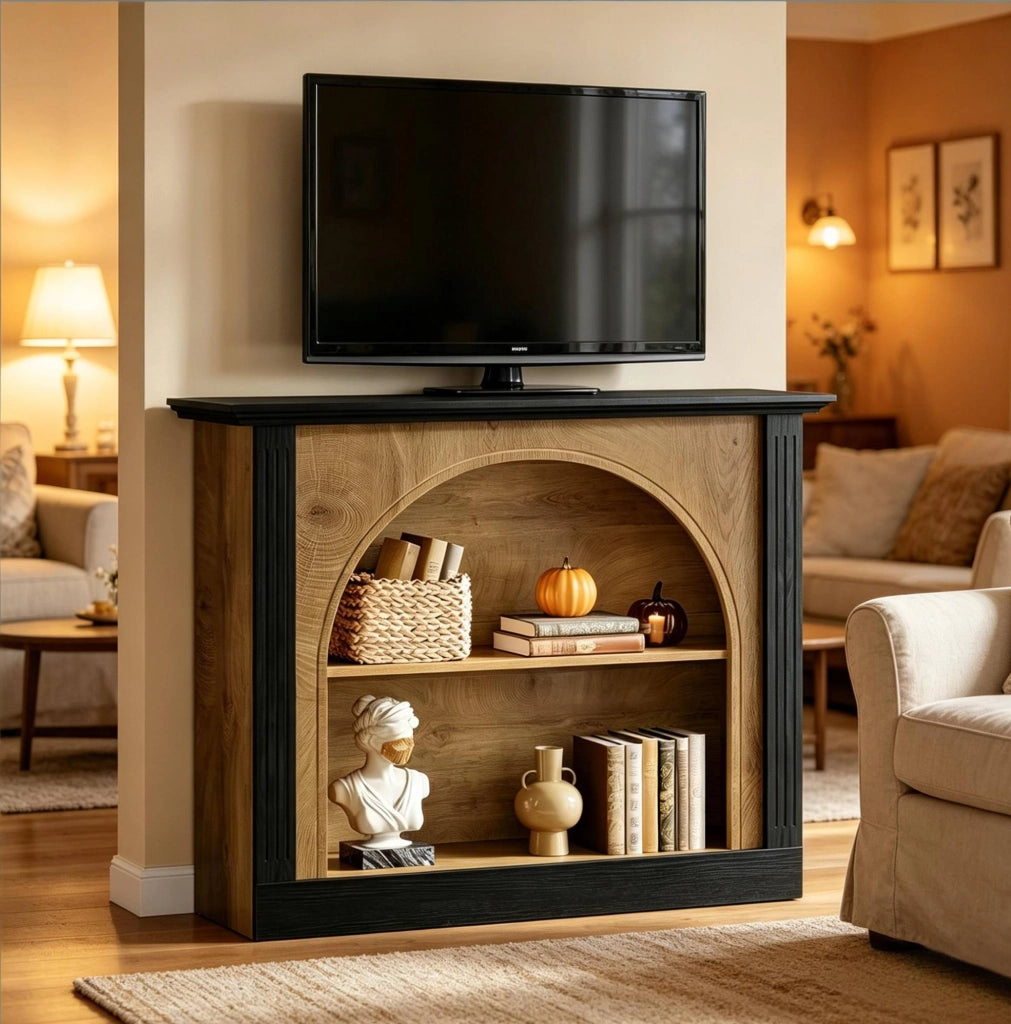 Tavolo consolle a 3 ripiani nero rustico in legno