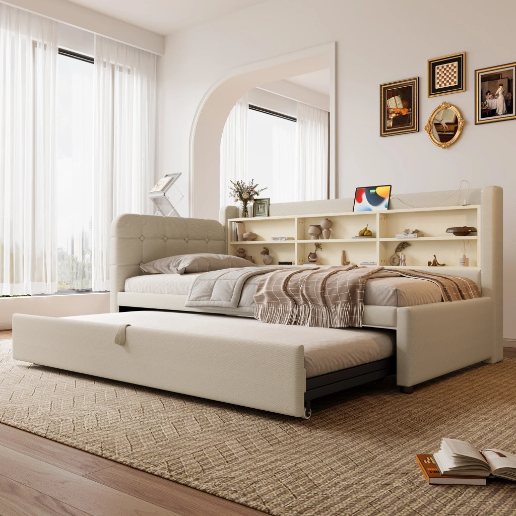 DESMIU Letto divano 90 × 200 cm 1 posto con USB, Type-C, ripiani, senza materasso, in lino, beige