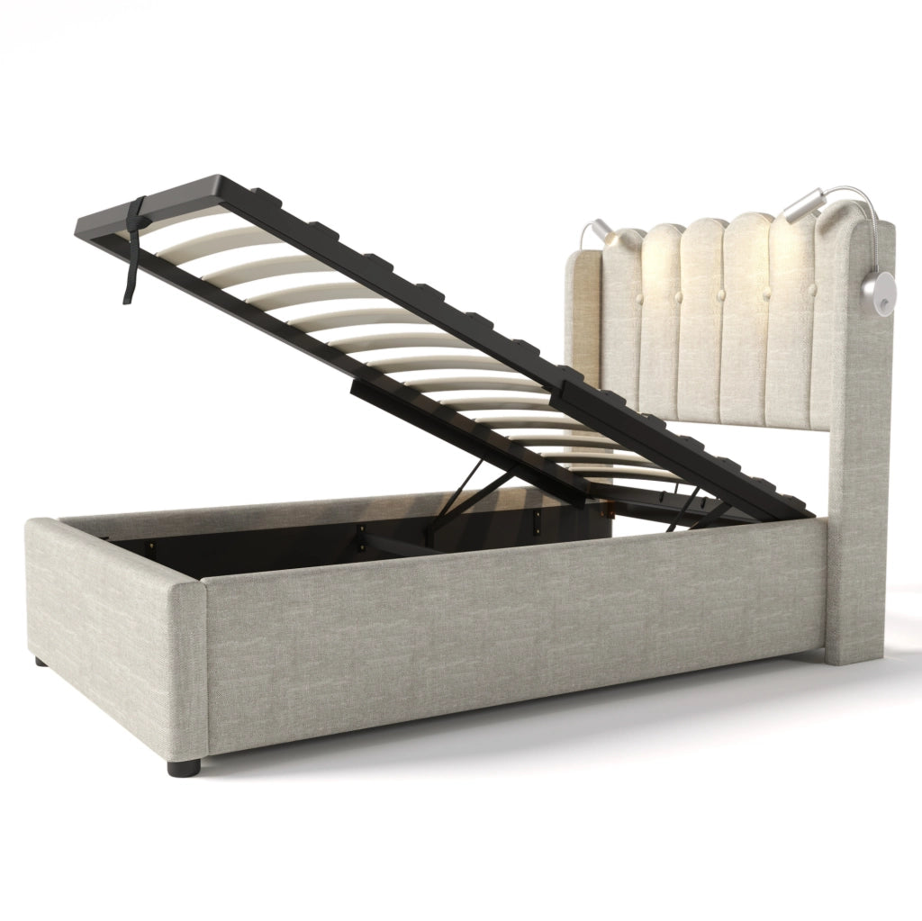Letto singolo imbottito 90x200 cm in lino beige con luce da lettura; USB e contenitore