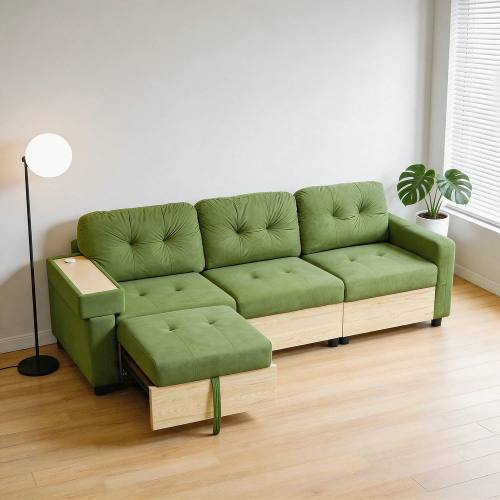 Divano Angolare 3 Posti con Penisola Estraibile ¨C MINIMAL ¨C Velluto Verde, Contenitore, Braccioli in Legno