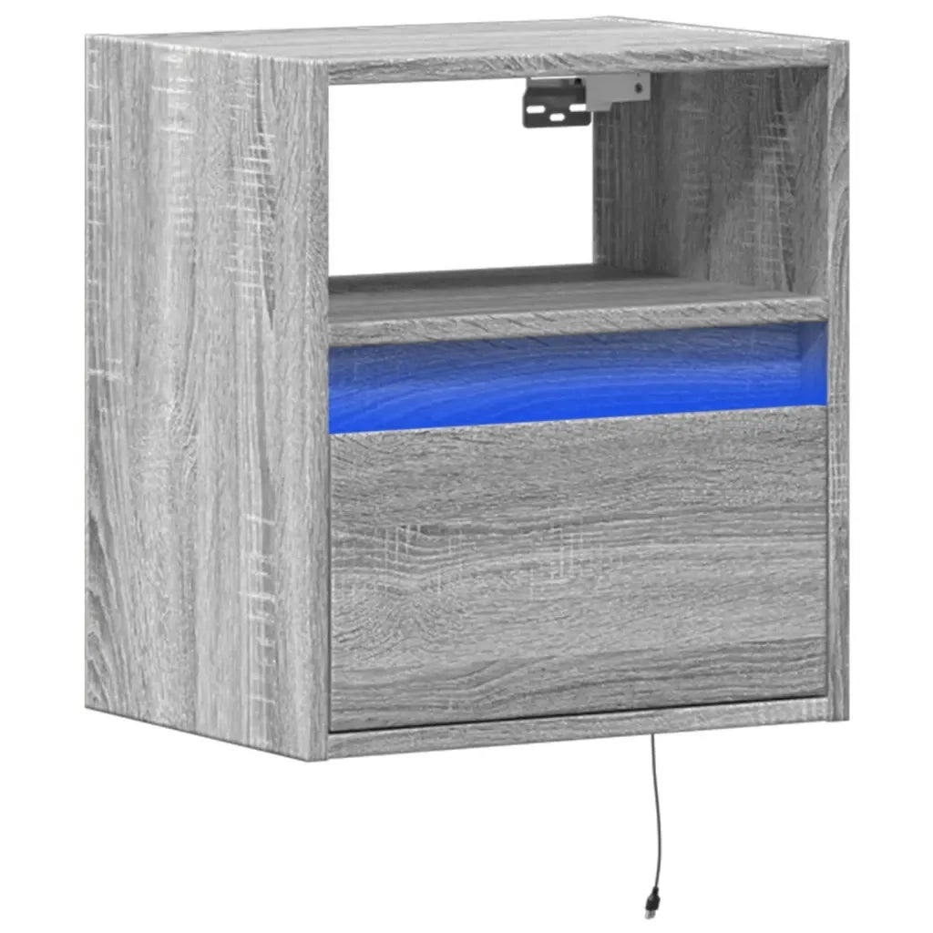 Comodino | Armadio da Notte | Mobiletto da notte a Parete con luci LED Grigio Sonoma