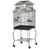 Gabbia per Uccelli da Interni in Legno con Vassoio, 4 Ruote e Trespolo, 50x49x137cm