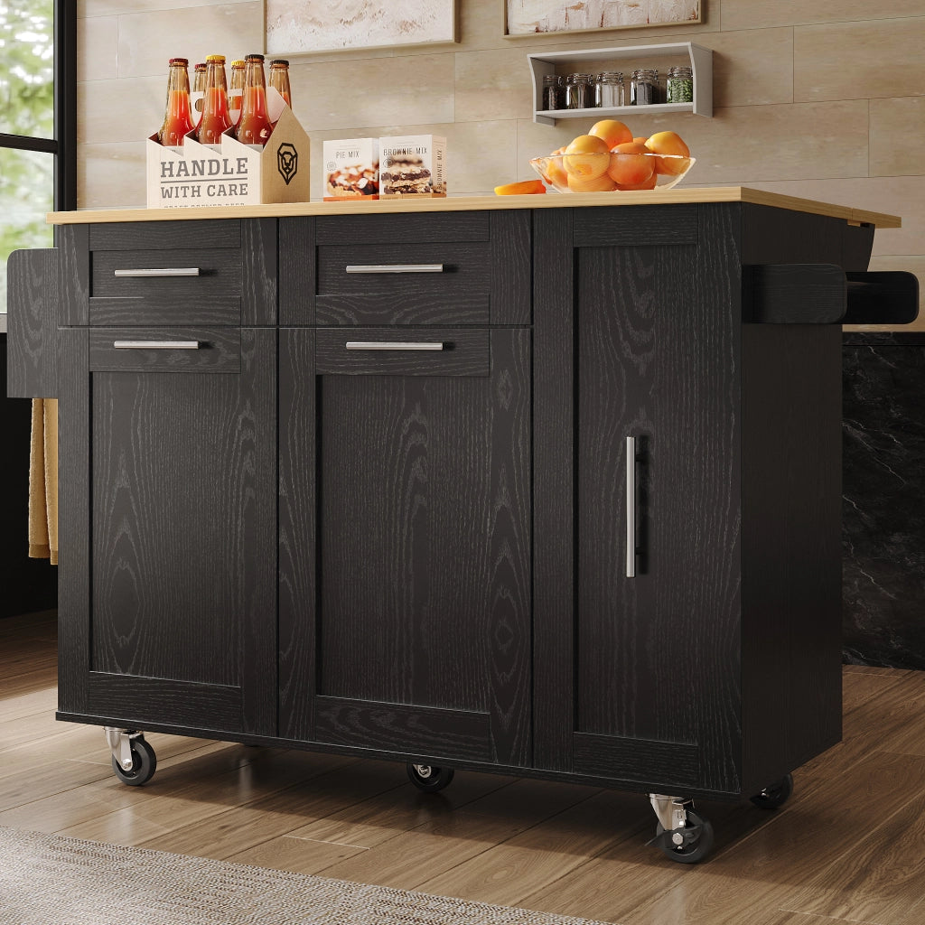Carrello da cucina con piano ribaltabile; vani contenitore e ruote bloccabili; MDF nero; 110 x 46 x 90;5 cm