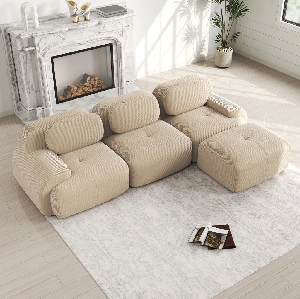Divano angolare modulare senza montaggio in tessuto a coste beige; design ergonomico