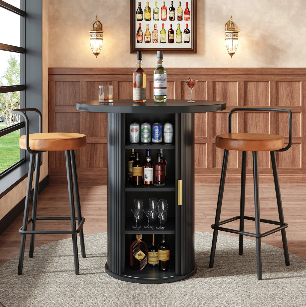 Tavolo bar rotondo con spazio contenitore 60x60x91;6 cm in MDF e metallo; nero