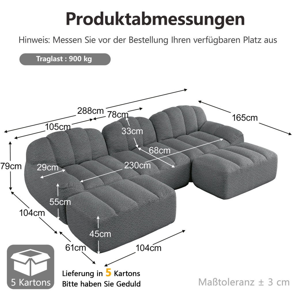Divano modulare 3 posti con 2 pouf; configurazione a U o L; in tessuto fleece granulare grigio