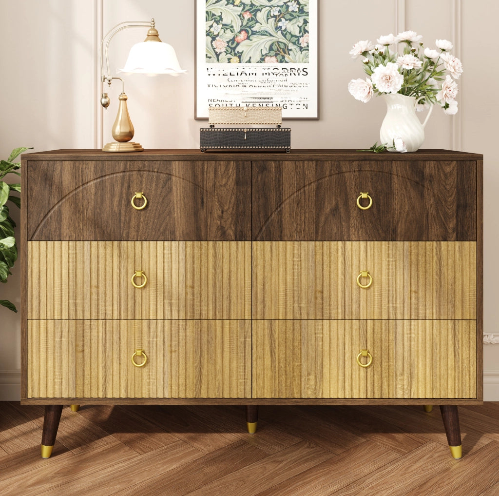 Credenza 120x40x81 cm con 6 cassetti; stile vintage; MDF e pannello truciolare; naturale