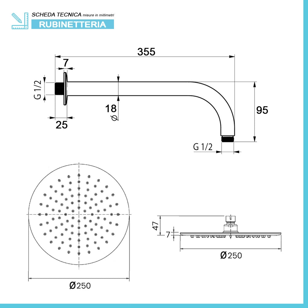 Set doccia con miscelatore Erika nero opaco braccio 35,5 cm e soffione 25 cm