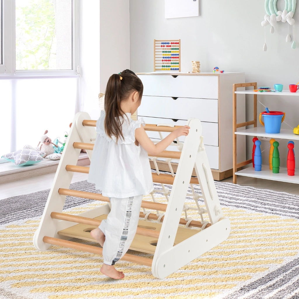 Arrampicata in legno per bambini 4-in-1 con scivolo, Arrampicata a triangolo per interni con rete Bianco-Arrampicate e scivoli