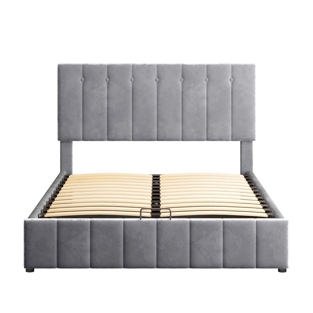 Letto imbottito 203x140x106 cm con contenitore idraulico; rete a doghe in metallo; velluto grigio