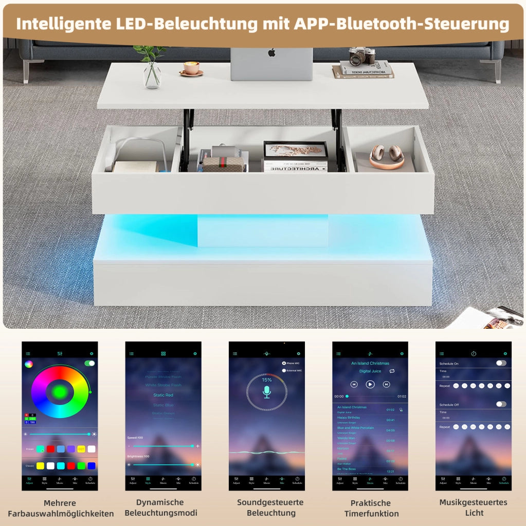 Tavolino da caffè rialzabile con LED Bluetooth; vano contenitore e prese EU; 100x50x42 cm; bianco
