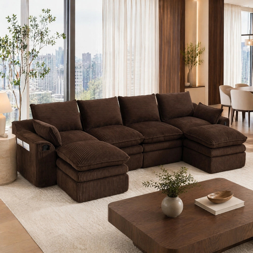 Divano modulare a 4 posti con 2 pouf in corduroy marrone con tasche laterali e cuscini 85 × 335 × 167 cm