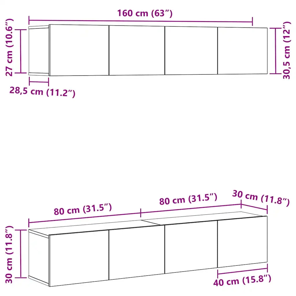 Set mobile TV 4 pz-Credenza per TV Rovere Nero 80 x 30 x 30 cm