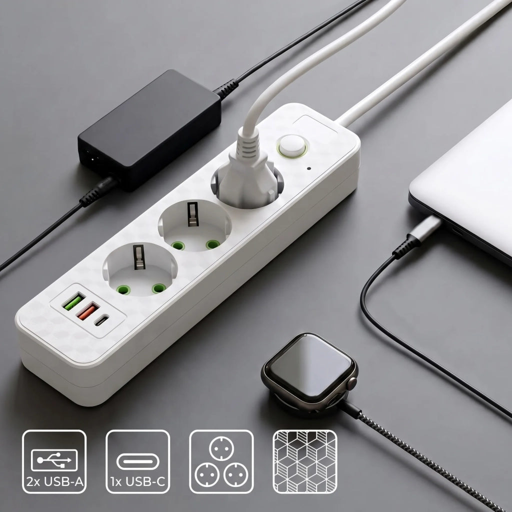 Multipresa Con Prolunga, 3 Prese + 2 Porte Usb-a + Usb-c Jnh020-3a White