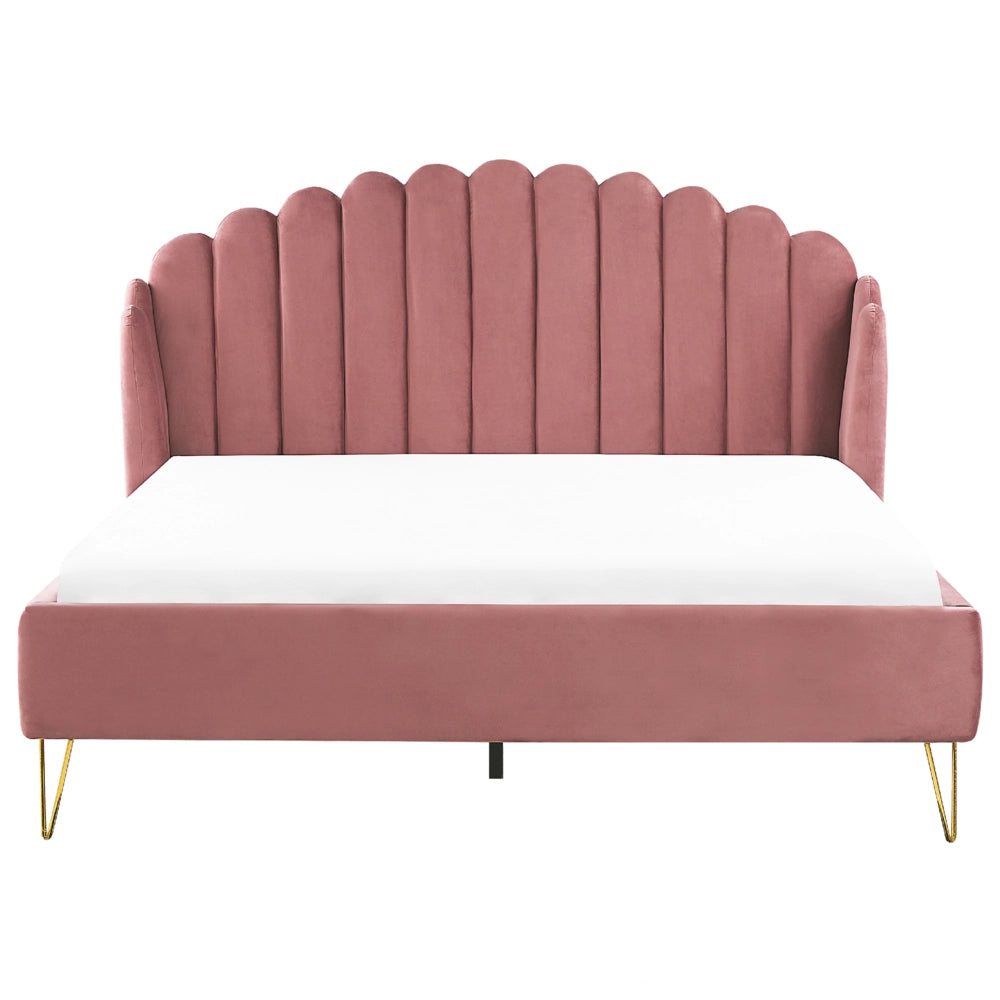 Letto con rete in velluto rosa 180 x 200 cm gambe in metallo testata retro capitonné