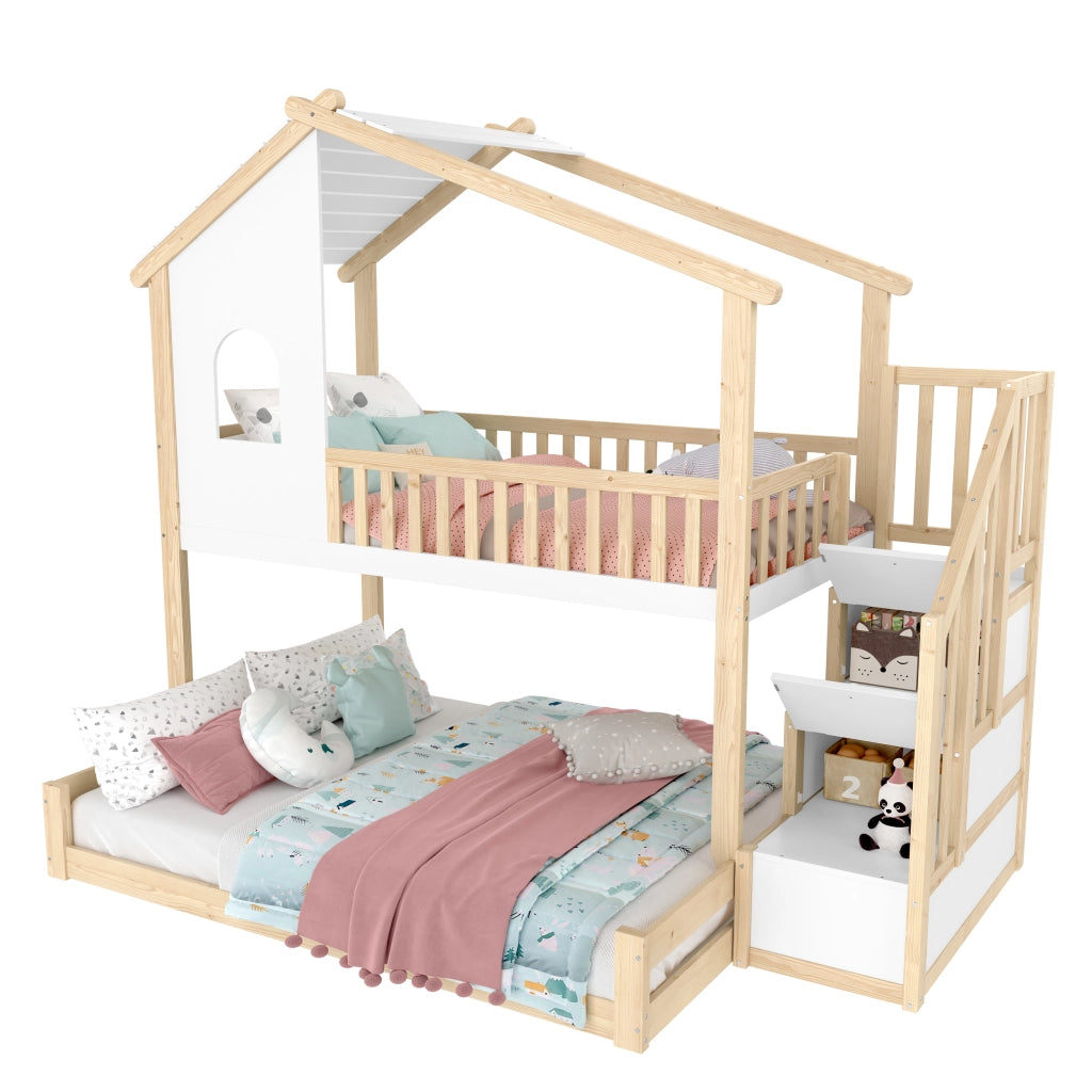 OKWISH Letto a Castello 90×200 cm e 140×200 cm, Letto 3 Posti con Scala Contenitore, Finestra e Sponde, senza Materasso, Naturale e Bianco