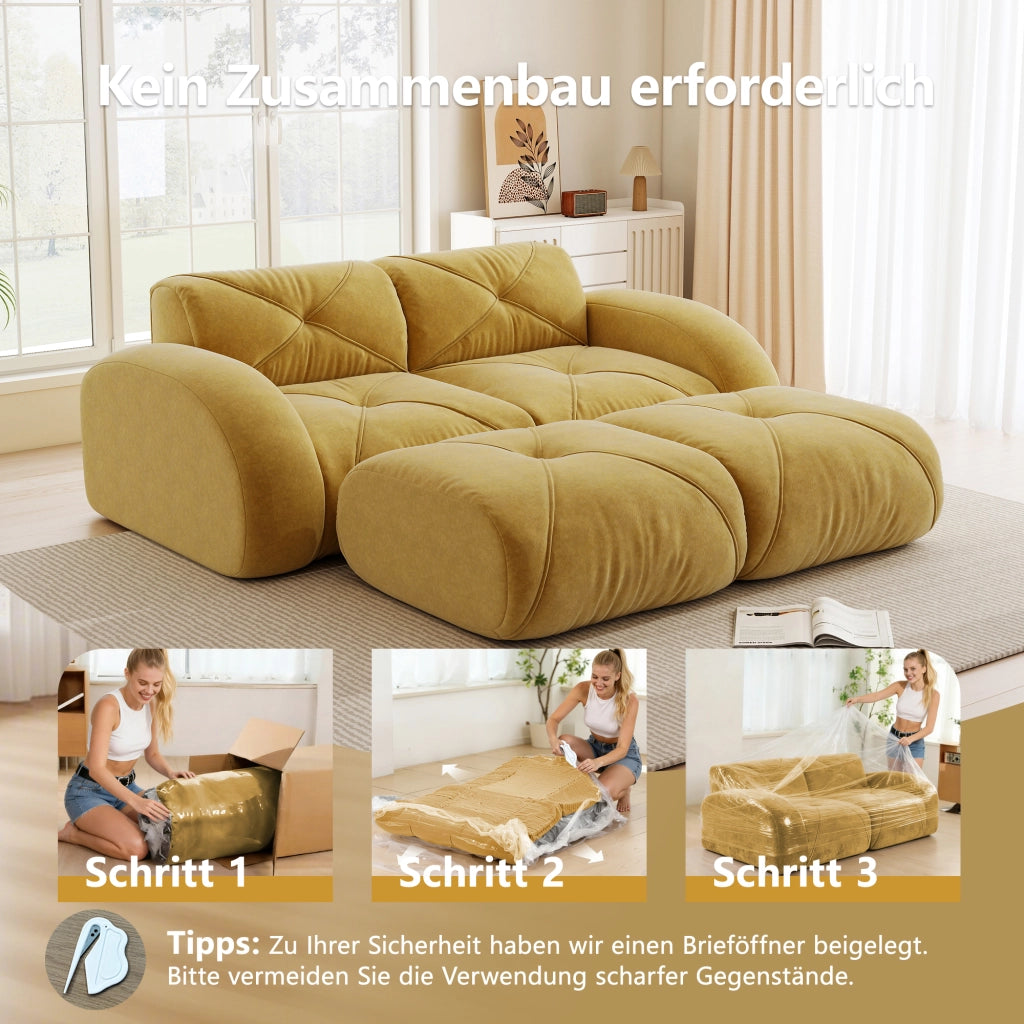 Divano modulare a 2 posti con pouf e comfort in chenille senza telaio giallo 204 × 171 × 76 cm