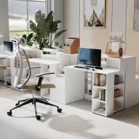 Scrivania con 2 cassetti, scaffali aperti e mensola per stampante, 137x55x92 cm, Bianco