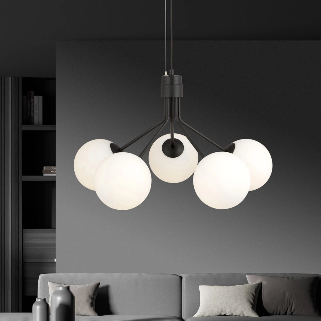 Lampada a sospensione NOVA in acciaio nero e vetro opalino