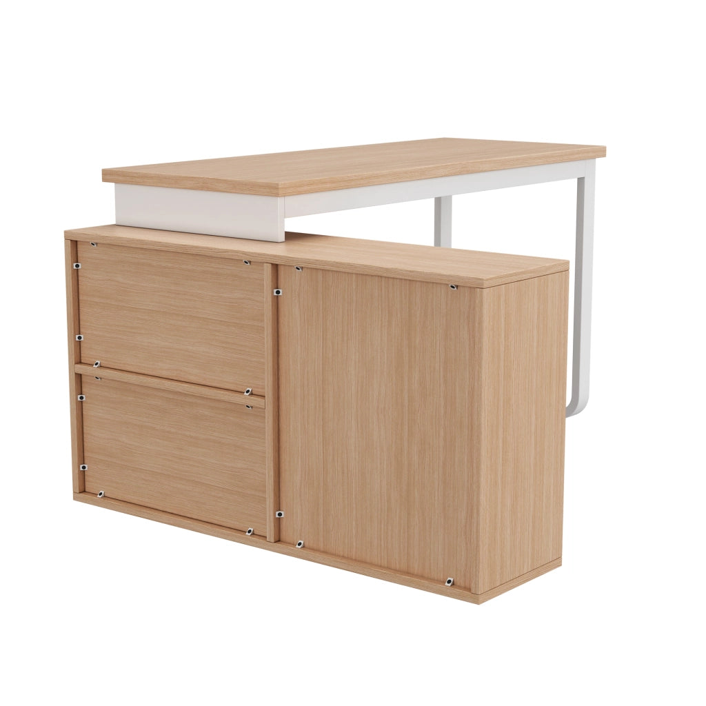 Scrivania lineare con 3 cassetti e 2 vani aperti, struttura in MDF e metallo, finitura naturale e bianco per ufficio