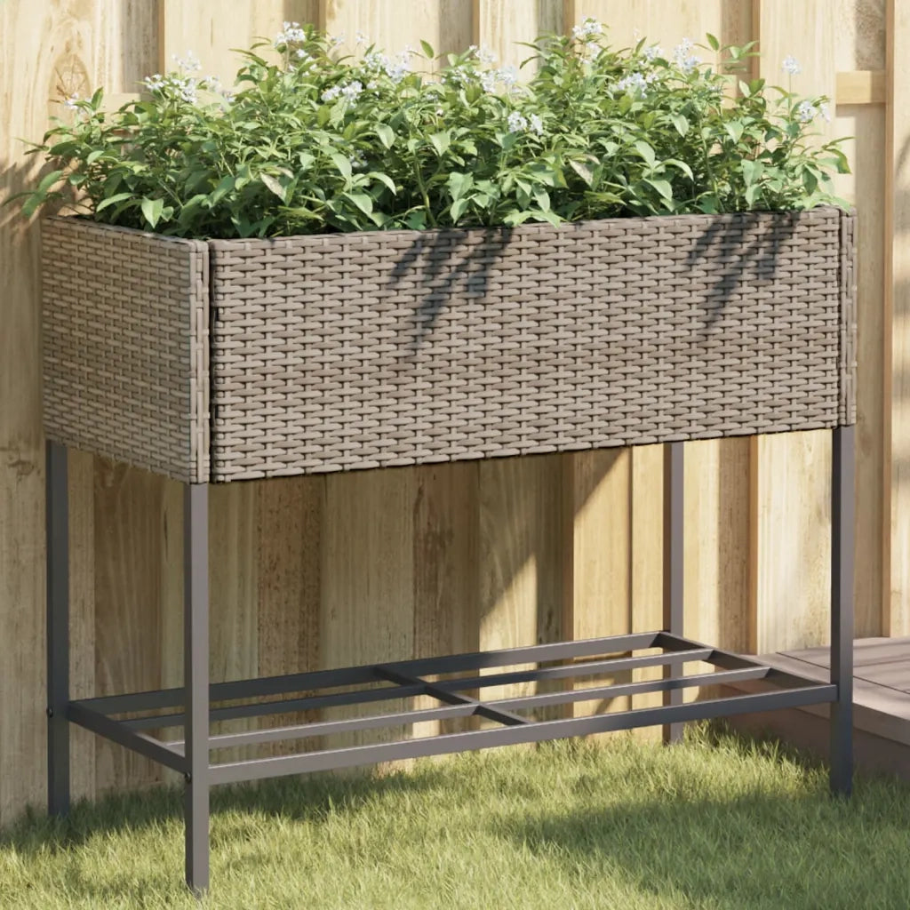 Fioriera | Cassetta per fiori | Vaso da Giardino con Ripiano Grigia in Polyrattan