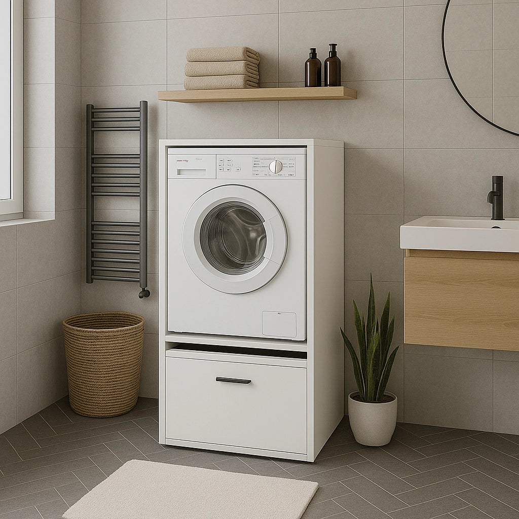 Mobile Per Lavatrice Asciugatrice Armadio Mobiletto Bagno Mobili Salvaspazio Con Cassetto E Mensola Allungabile Scaffale In Legno Armadietto Per Lavanderia Coprilavatrice 70 x 146 x 64 Cm Bianco