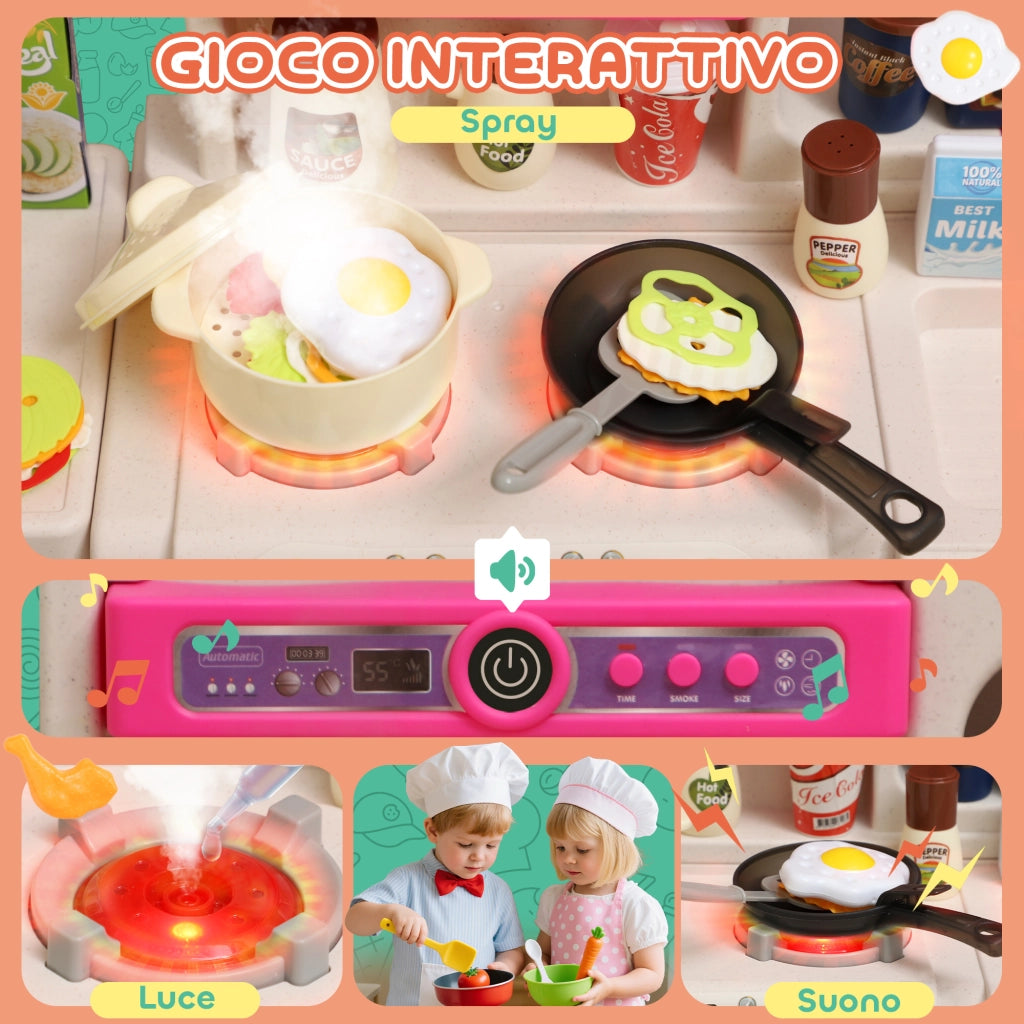 Cucina Giocattolo per Bambini 3-6 Anni con 104 Accessori, in PP, PE e ABS, 52.5x22x100 cm, Rosa