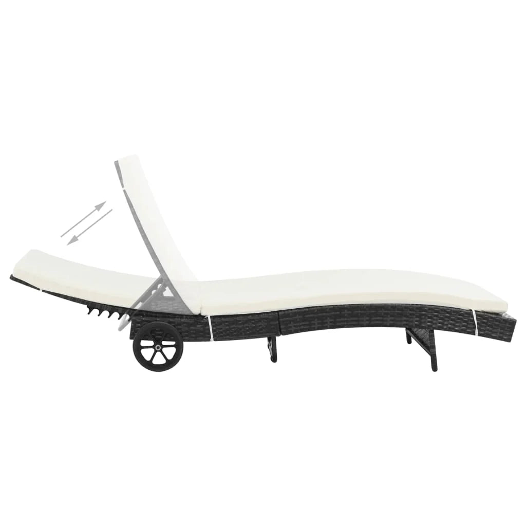 Lettino prendisole sedia a sdraio lettino prendisole letto da giardino mobili da esterno per patio con ruote e cuscino resina intrecciata nera 02_0012595
