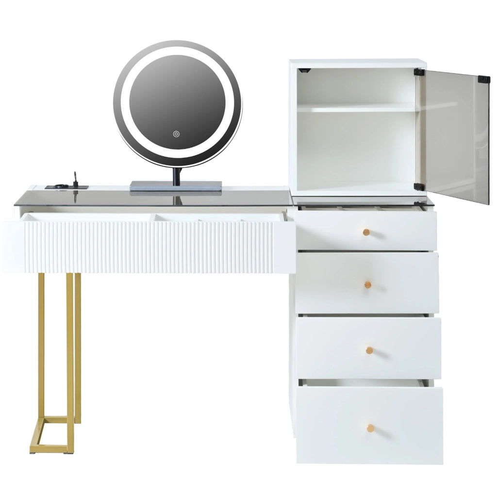 Tavolo da trucco 120x40x120 cm con specchio LED a 3 colori; 5 cassetti e armadietto in MDF e vetro bianco
