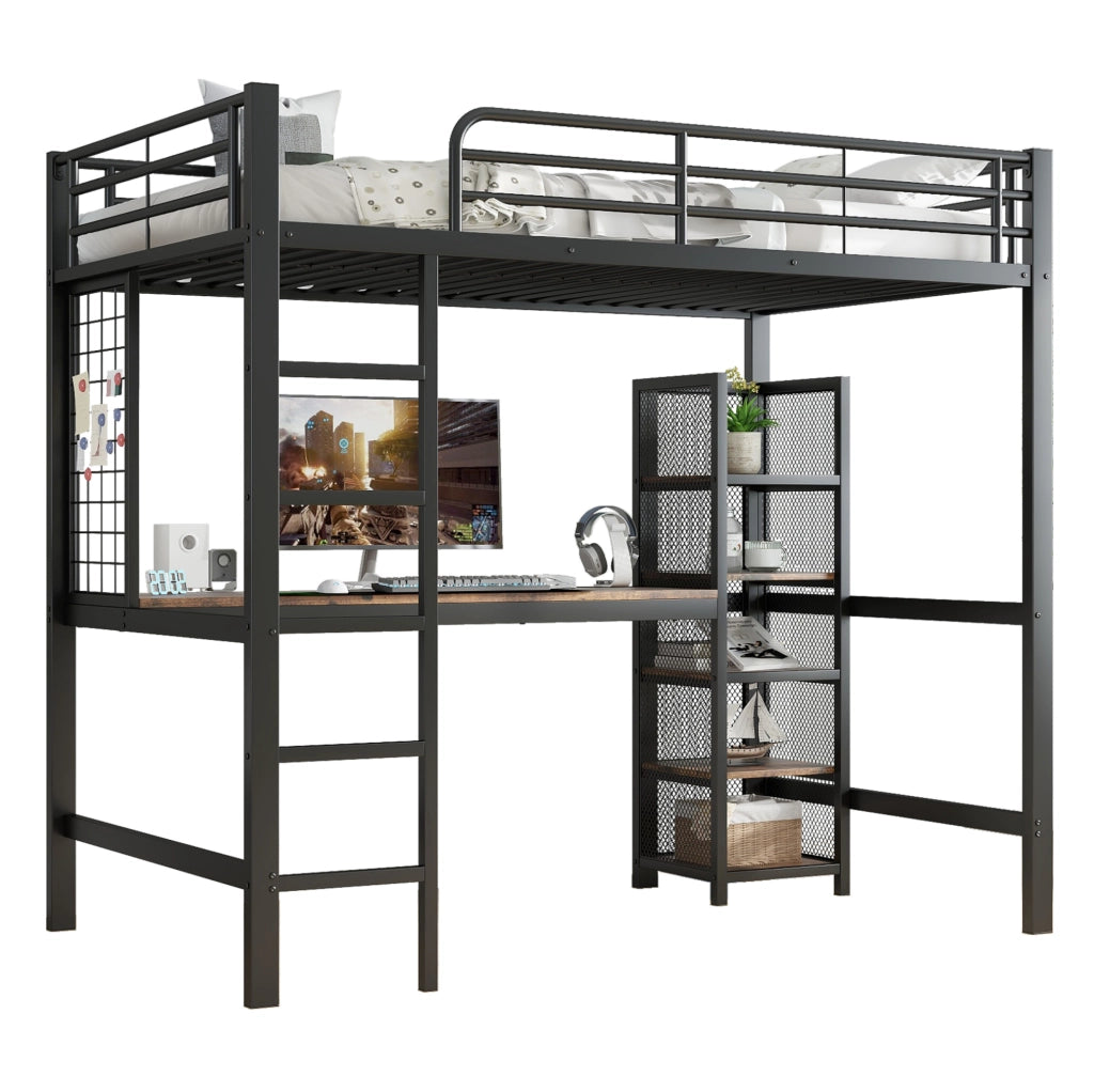 Letto a soppalco 90x200 cm con scrivania e vani portaoggetti in MDF e metallo nero e legno scuro