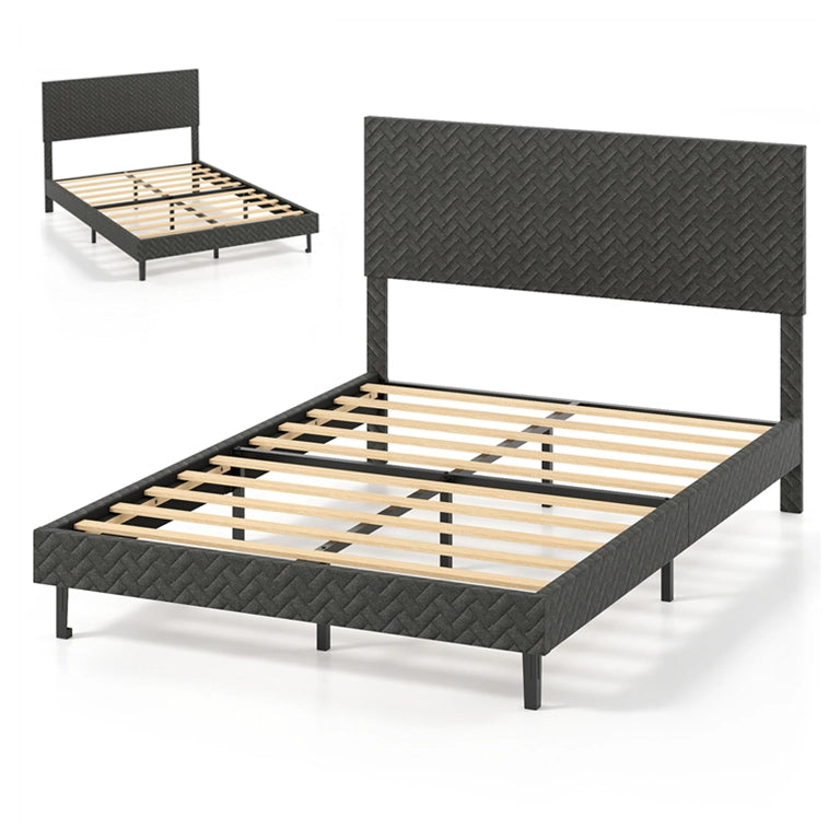 Telaio letto a piattaforma imbottito in lino con testiera chevron regolabile in altezza-Telaio letto a piattaforma silenzioso larghezza 144,5 cm